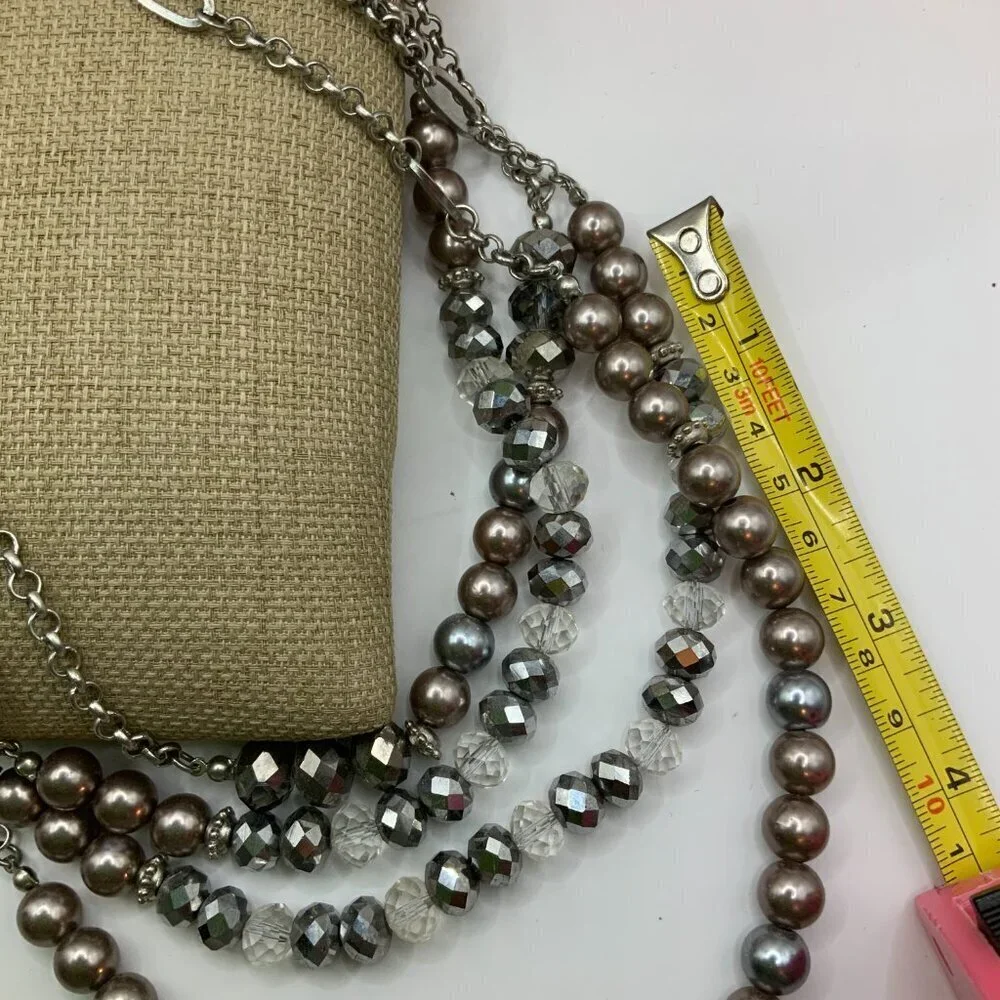 Julies B Multi Strands Gray AB Iridescent Beaded Silver Necklace